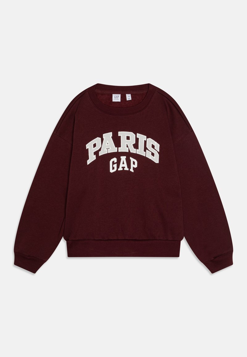 Felpa bordeaux con testo bianco "PARIS GAP", con scollatura tonda, maniche lunghe e orlo a coste. Materiale in cotone morbido.