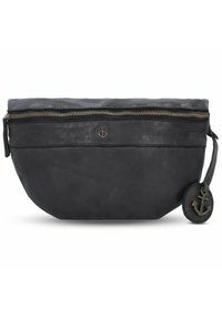 Borsa nera in pelle di forma arrotondata, con zip dorata e un emblema ad ancora. Presenta un pon-ponlaterale e una texture liscia.