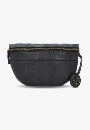 Funda de cuero negro con forma redondeada, cremallera dorada y emblema de ancla. Cuenta con un borlas lateral y una textura suave.