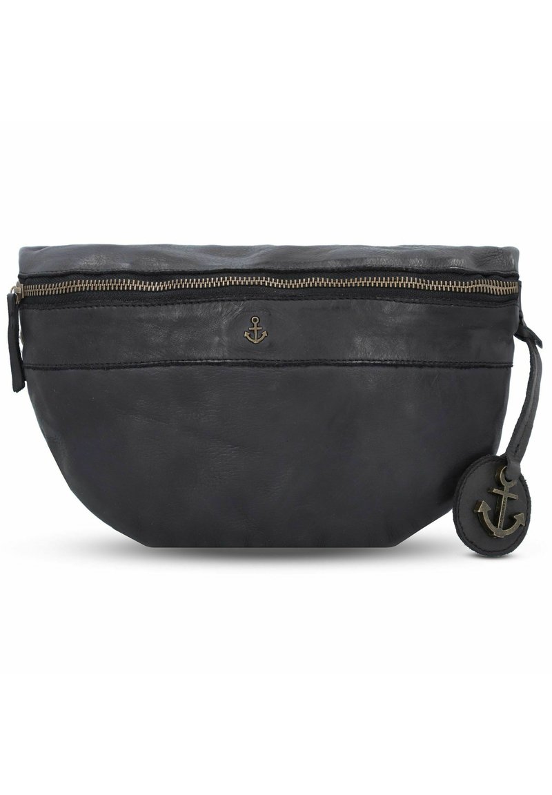 Borsa nera in pelle di forma arrotondata, con zip dorata e un emblema ad ancora. Presenta un pon-ponlaterale e una texture liscia.