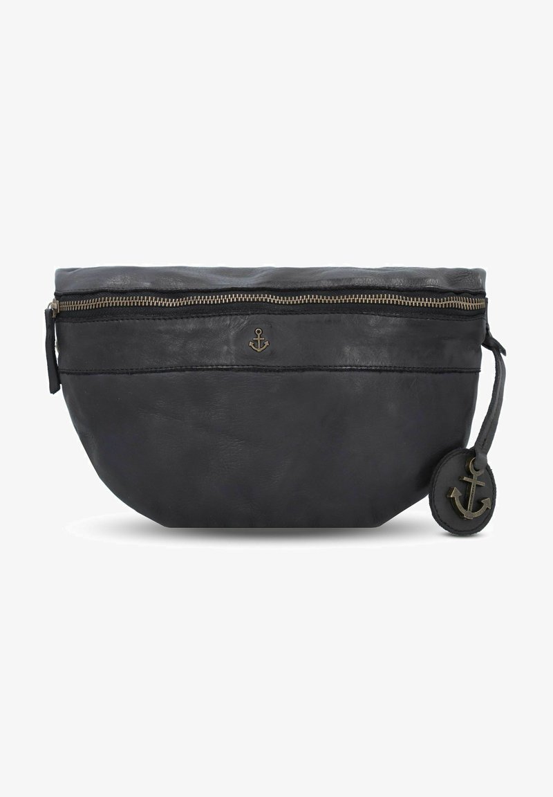 Schwarze Lederpouch mit runder Form, goldener Reißverschluss und Ankeremblem. Verfügt über einen seitlichen Quasten und eine glatte Textur.