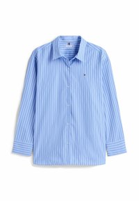Camicia a maniche lunghe azzurro chiaro con strisce verticali, chiusura con bottoni e un piccolo logo ricamato sul petto.
