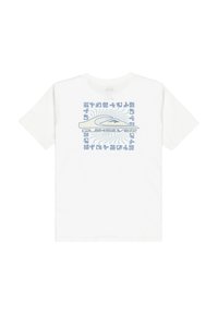Hvit bomulls t-skjorte med et blått grafisk design med bølger og tekst, korte ermer og rund hals.