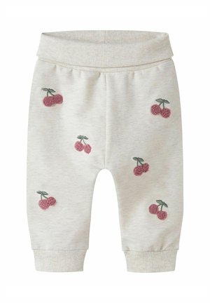 Pantalon pour bébé de couleur crème avec poignets et ceinture côtelés, orné de grappes de cerises roses brodées dispersées sur le tissu.