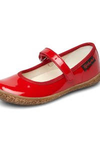 Scarpa Mary Jane in vernice rossa con cinturino laterale e suola in gomma a motivo floreale. Fodera interna color crema.