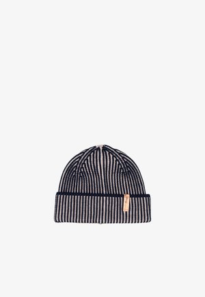 Cappellino a maglia con strisce alternate blu navy e crema, dotato di risvolto e di una piccola targhetta in pelle sul risvolto. Texture morbida.