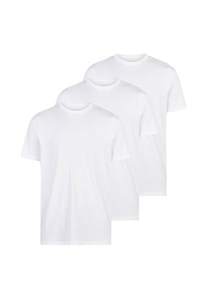 Drei schlichte weiße T-Shirts mit kurzen Ärmeln und Rundhalsausschnitt, die überlappend vor einem weißen Hintergrund angeordnet sind.