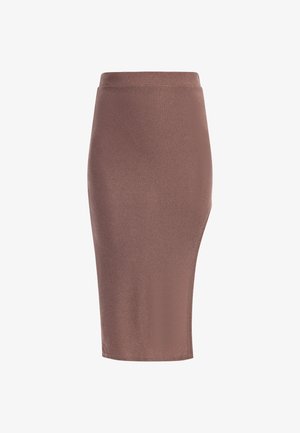 Pruun, kitsas midi-seelik, mis on valmistatud pehmest soonilisest kangast. Omab sujuva viimistlusega vöökohta ja kerget asfaltse hemmi.