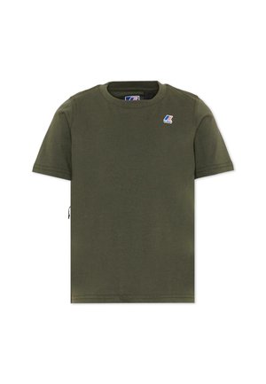 T-shirt vert olive à manches courtes avec col rond et petit logo K-Way sur la poitrine gauche, présenté sur fond blanc.