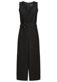 Black sleeveless jumpsuit with a V-neckline, wide-leg design, and a fabric belt featuring a circular buckle. Clean lines and smooth texture.
