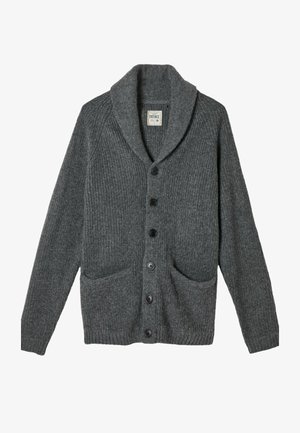 Grau gestreifter Cardigan mit Schalkragen, sechs schwarzen Knöpfen und zwei frontalen Taschen. Hergestellt aus weichem Material mit einer strukturierten Oberfläche.