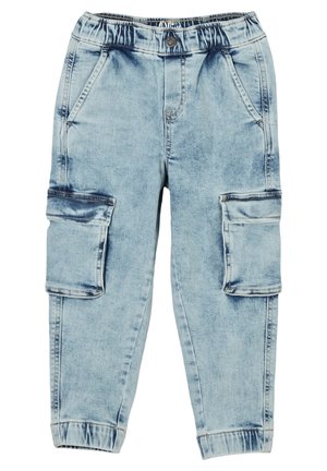 Hellblaue Denim-Cargohosen mit elastischem Bund, vier Taschen und zulaufenden Beinen mit Knöchelbündchen. Weiche, ausgeblichene Textur.