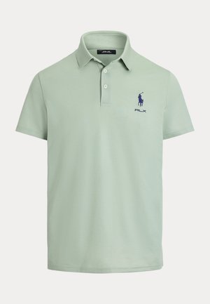 Polo manches courtes vert clair avec col, deux boutons et logo cheval et cavalier bleu marine avec texte RLX sur la poitrine gauche.