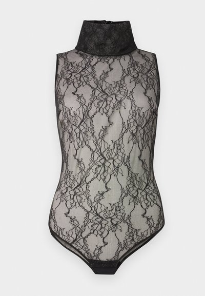 Μαύρο κορμάκι χωρίς μανίκια από δαντέλα με floral σχέδιο και ψηλό λαιμό, με κουμπώματα στον καβάλο.