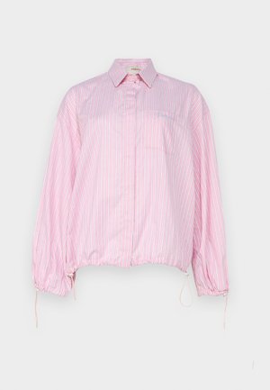 Pink and white striped button-up shirt with a relaxed fit, elasticized cuffs, and drawstring hem. Features a chest pocket and embroidered detail.