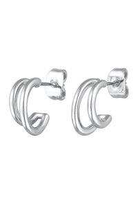 Sølv hoops øreringe med tre sammenflettede ringe, der har en poleret overflade og sikker studs-bagkant. Slank, moderne design.