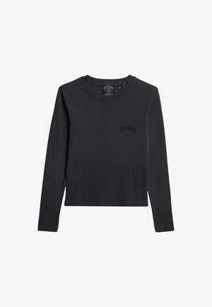 Black long-sleeve shirt with a ribbed texture and cropped design. Features a small “Superdry” logo embroidered on the chest.