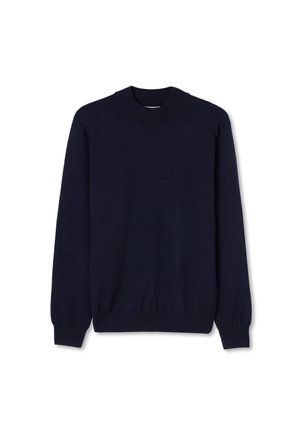 Marineblå strikket sweater med rund halsudskæring, lange ærmer og ribkant i nederkant og ved ærmerne. Medium vægtstof med en glat tekstur.
