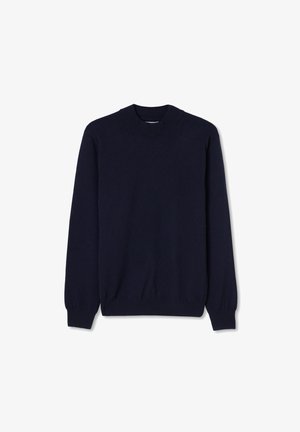 Marineblå strikket sweater med rund halsudskæring, lange ærmer og ribkant i nederkant og ved ærmerne. Medium vægtstof med en glat tekstur.