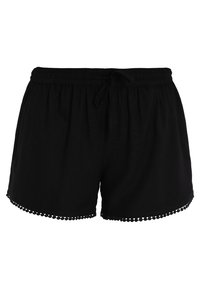 Shorts légers noirs avec une taille élastique et un cordon de serrage réglable. L'ourlet présente un détail en dentelle à volants.