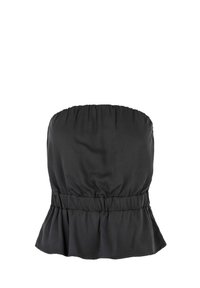 Haut sans bretelles noir en tissu lisse, présentant un corsage froncé et un ourlet en peplum. Design simpliste sans motifs ou accents supplémentaires.