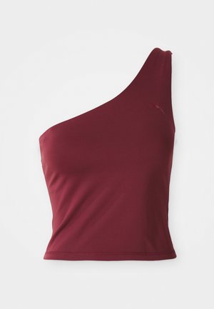 Top corto monospalla color bordeaux con un piccolo logo Puma sulla parte superiore destra.