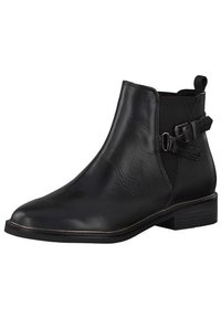 Stivaletto in pelle nera con tacco basso, pannello elastico laterale e fibbia decorativa testurizzata sul lato esterno.