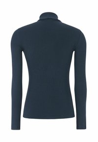 Navy long-sleeve turtleneck top made of ribbed fabric. Features a fitted silhouette and a soft texture with a simple neck design.