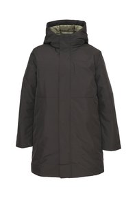 Cappotto invernale lungo e nero con cappuccio, realizzato in materiale resistente all'acqua. Presenta una texture liscia e un design minimalista senza hardware visibile.