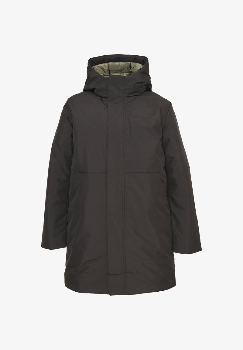 Cappotto invernale lungo e nero con cappuccio, realizzato in materiale resistente all'acqua. Presenta una texture liscia e un design minimalista senza hardware visibile.