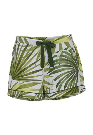 Białe szorty z zielonym tropikalnym nadrukiem liści palmowych i ciemnozielonym paskiem do wiązania w talii.