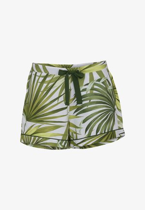 Białe szorty z zielonym tropikalnym nadrukiem liści palmowych i ciemnozielonym paskiem do wiązania w talii.