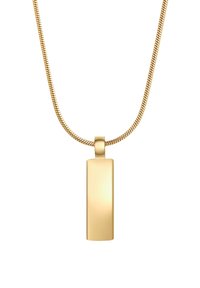 Zelta tonēta kaklarota ar taisnstūra piekariņu. Gluda virsma ar vieglu mirdzumu, piestiprināta pie plānas, strukturētas ķēdes.