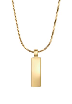 Collier doré avec un pendentif rectangulaire. Surface lisse avec un léger éclat, attaché à une fine chaîne texturée.