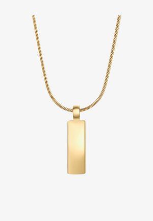 Collana tono oro con un pendente rettangolare. Superficie liscia con una leggera lucentezza, attaccata a una catena sottile e testurizzata.