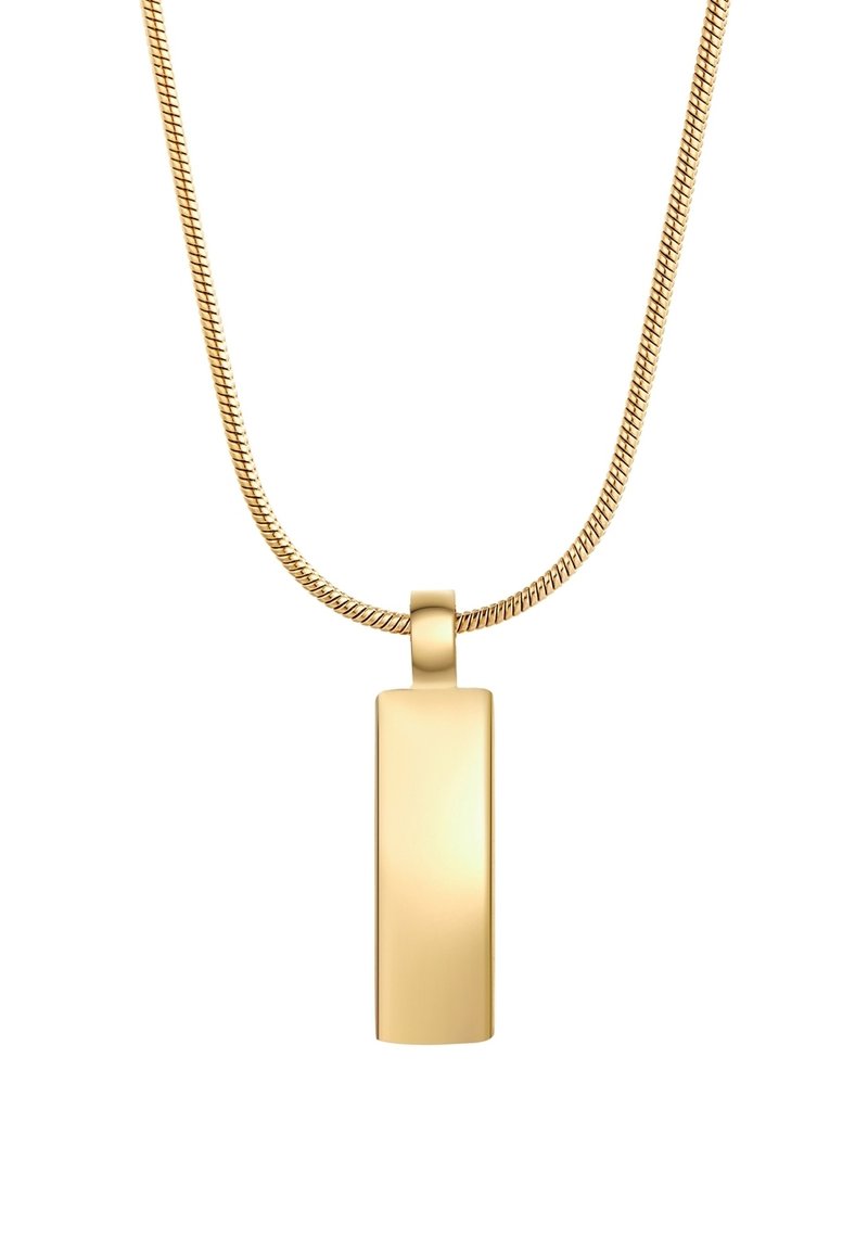 Zelta tonēta kaklarota ar taisnstūra piekariņu. Gluda virsma ar vieglu mirdzumu, piestiprināta pie plānas, strukturētas ķēdes.