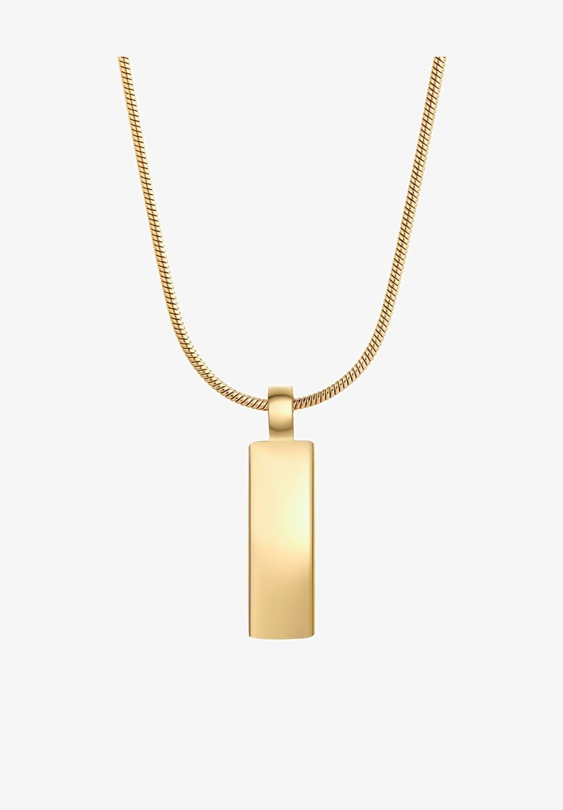 Zelta tonēta kaklarota ar taisnstūra piekariņu. Gluda virsma ar vieglu mirdzumu, piestiprināta pie plānas, strukturētas ķēdes.