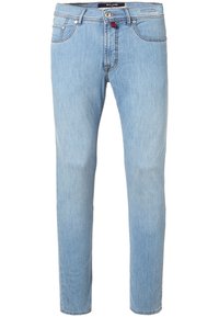 Ljusblå smala jeans med knäppning fram, femficksdesign och subtila blekningar på låren och knäna.