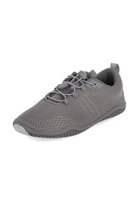 Gray mesh athletic shoe with a textured surface, round toe, elastic laces, and a durable rubber sole. Features minimalistic design and lightweight construction.