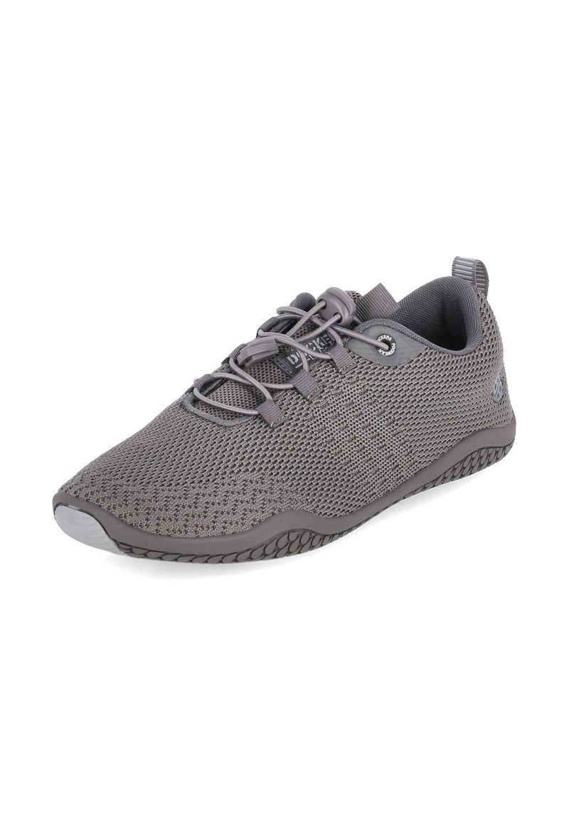 Gray mesh athletic shoe with a textured surface, round toe, elastic laces, and a durable rubber sole. Features minimalistic design and lightweight construction.
