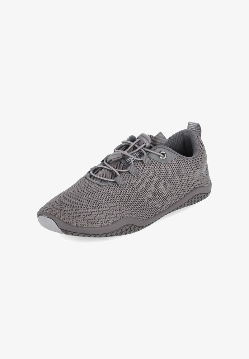 Gray mesh athletic shoe with a textured surface, round toe, elastic laces, and a durable rubber sole. Features minimalistic design and lightweight construction.