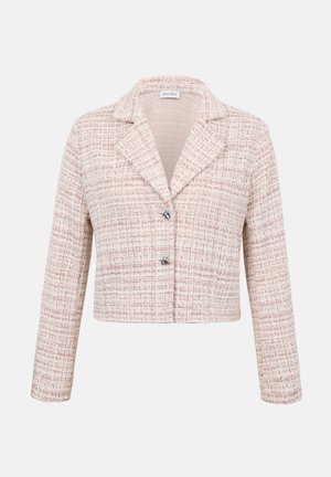 Blazer court pour femme en tweed à carreaux rose pâle, col cranté, manches longues et deux boutons argentés à l'avant.