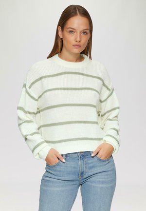 Hellgrüner und weiß gestreifter Strickpullover mit Rundhals und lockerer Passform. Texturiertes Material mit gerippten Bündchen und Saum.