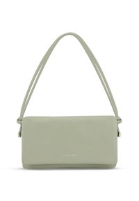 Mint green leather handbag with a rectangular shape, dual top handles, and a zipper closure. Features a subtle logo on the front.
