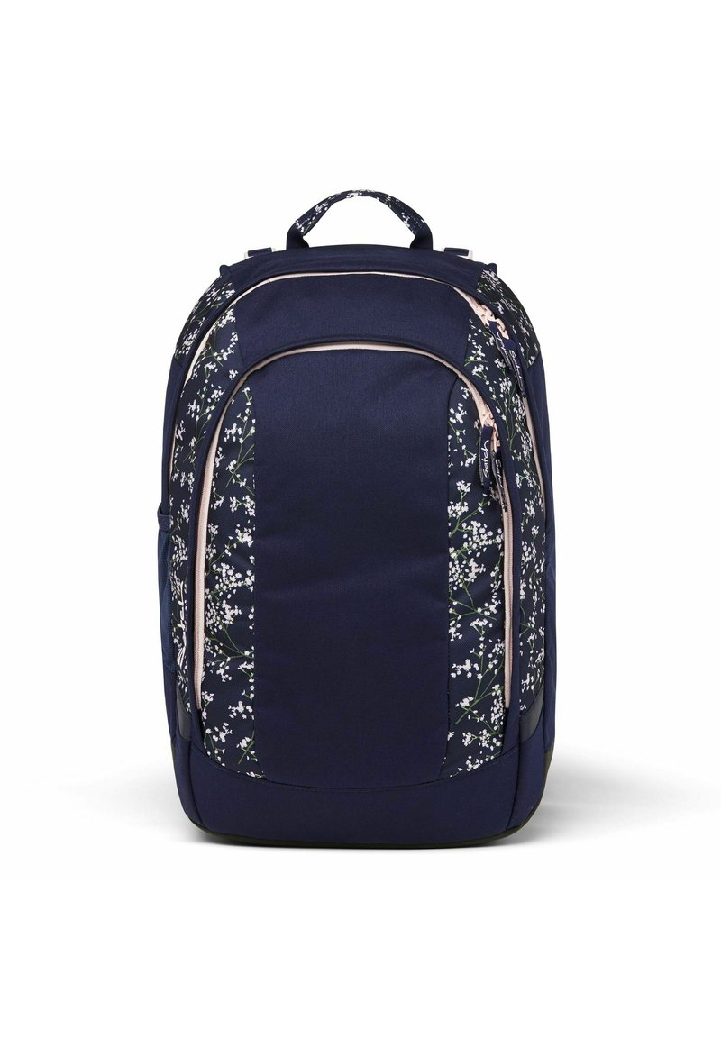 Sac à dos navy avec des panneaux latéraux à motifs floraux et des fermetures éclair en or rose. Il dispose d'un dos rembourré, d'une poignée supérieure et de bretelles réglables.