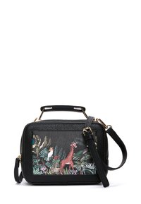 Borsa a tracolla nera in pelle con finitura testurizzata, caratterizzata da un pannello trasparente che mostra un design vivace a tema giungla con animali.