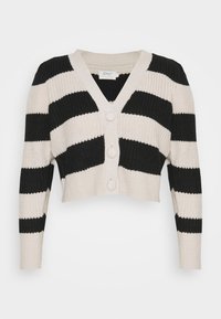 Černý a krémový pruhovaný zkrácený kardigan s výstřihem do V, zapínáním na knoflíky a texturovaným pleteným vzorem. Dlouhé rukávy s žebrovanými manžetami.