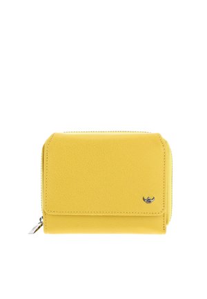 Gelbe Leder-Geldbörse mit Vorderklappe, Reißverschlussverschluss und kleinem silbernen Logo in der unteren rechten Ecke.