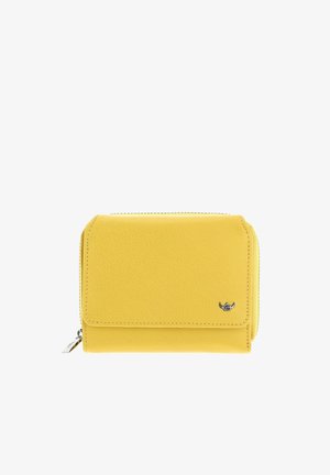Portefeuille en cuir jaune avec rabat avant, fermeture éclair et petit logo argenté dans le coin inférieur droit.