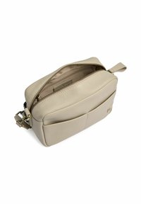 Borsa a tracolla in pelle beige con zip aperta, dotata di una tasca frontale e tracolla regolabile, che presenta una consistenza liscia.